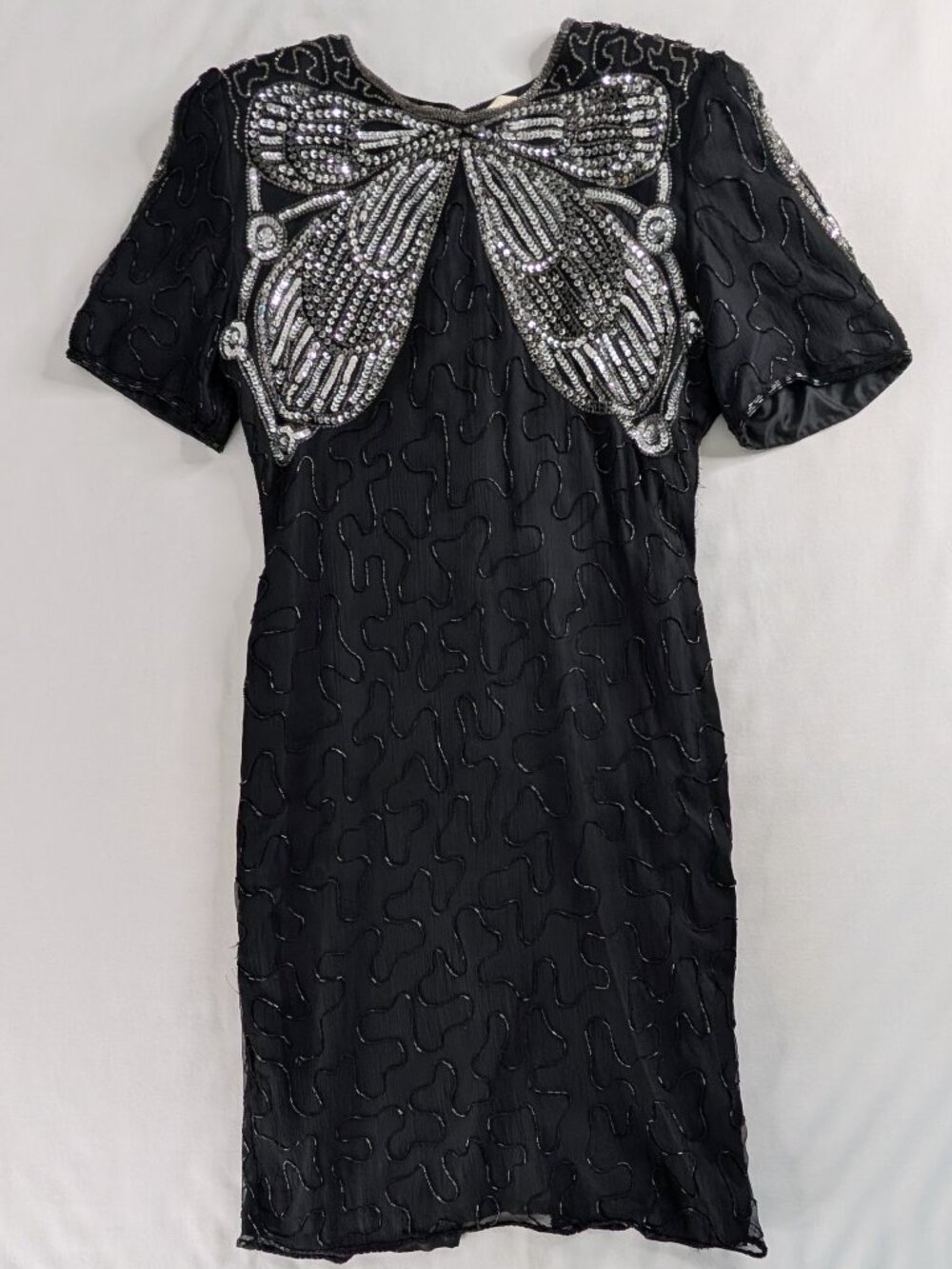 VTG Black Silver Silk Sequin Beaded Bow Butterfly Short Sleeve Layer Midi Dress